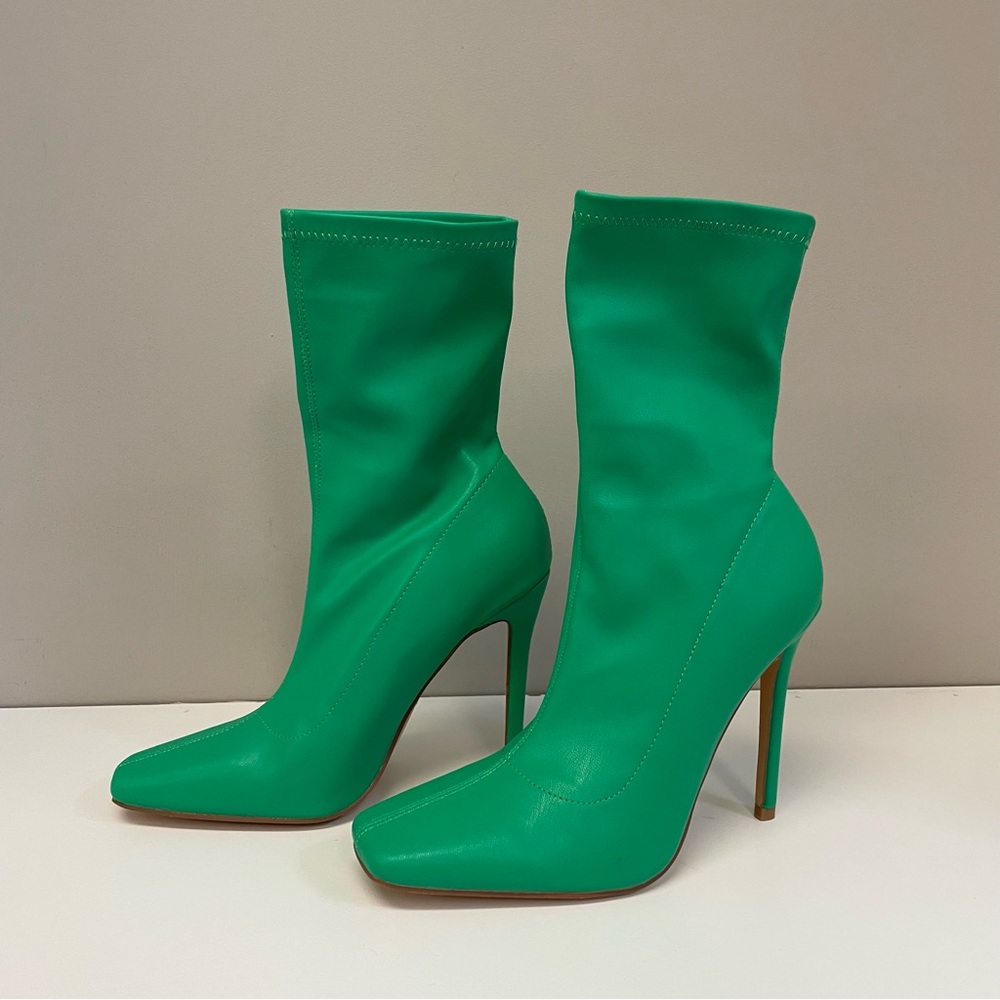 Green PU Square Toe Booties